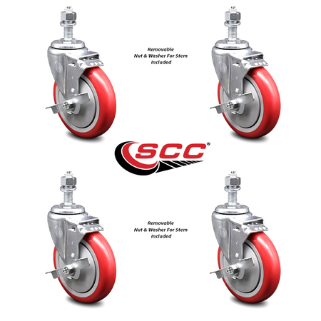 Service Caster 5 Inch Red Polyurethane Swivel ½ Inch Threaded Stem Caster Set with Brake SCC SCC-TS20S514-PPUB-RED-TLB-121315-4